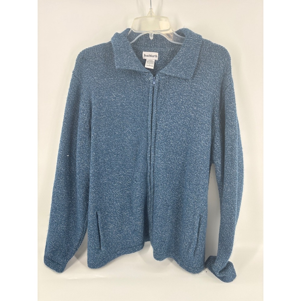 BonWorth Womens Blue Knit Full Zip Up Cardigan Sweater Ladies Size Large‎